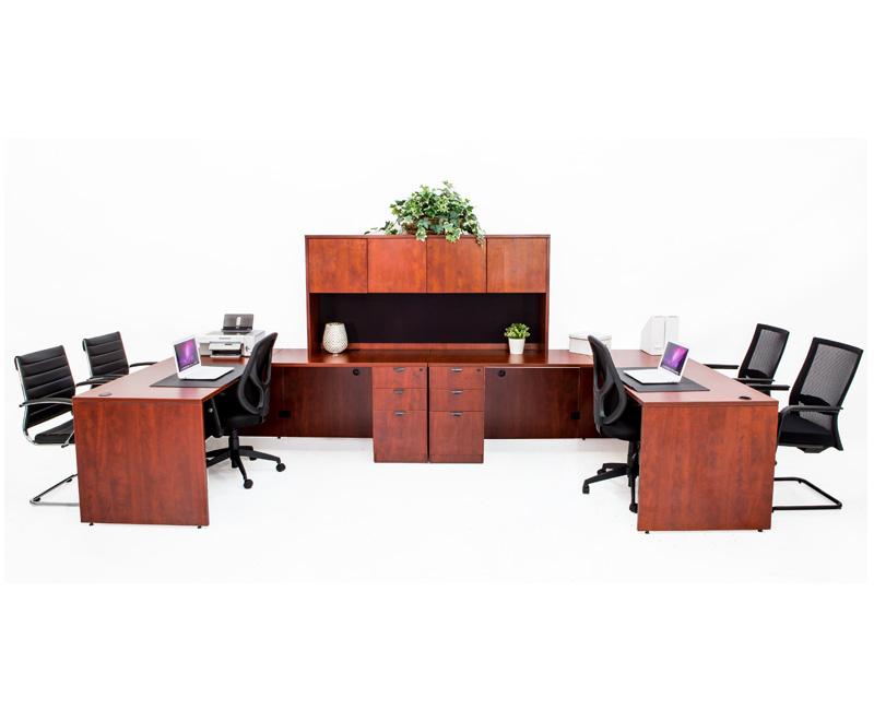 Double L shaped Desk with File Pedestals and Hutch - Cherry – New Life ...